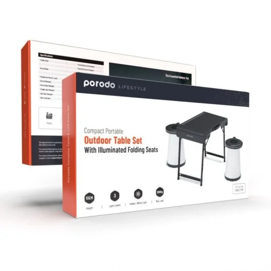 Porodo Lifestyle Compact Portable Outdoor Table Set With Illuminated Folding Seats - Gray